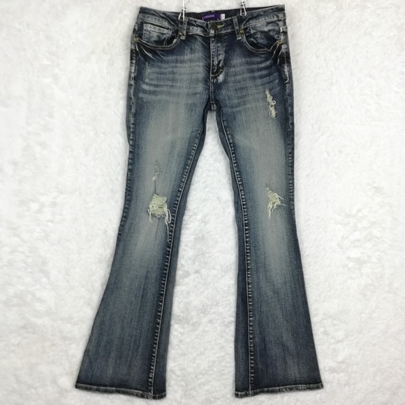 Vigoss Denim - Vigoss‎ Womens Jeans Flare Low Flap Pocket Blue Denim Vintage Wash Distressed 7